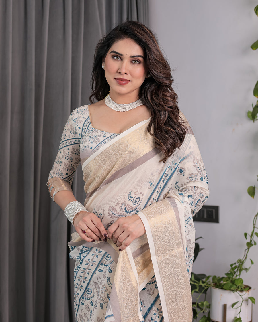 Ivory Beige Handloom Linen Saree with Teal Floral Buta & Paisley Border | Ethnic Printed Pallu & Zari Highlights | 5.5m Saree + 0.8m Blouse