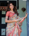 Rust Beige Handloom Cotton Saree with Vibrant Elephant Parade Print & Red Floral Pallu