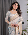 Ivory Beige Handloom Linen Saree with Teal Floral Buta & Paisley Border | Ethnic Printed Pallu & Zari Highlights | 5.5m Saree + 0.8m Blouse