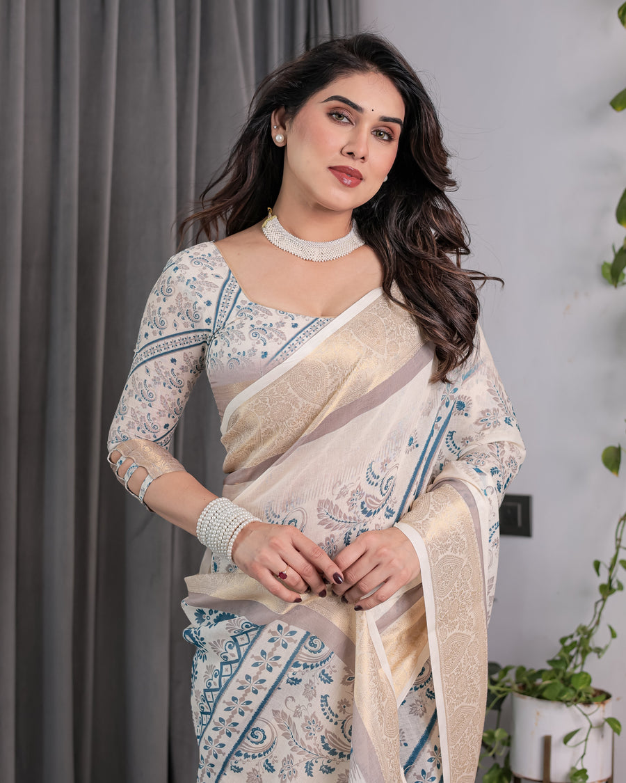 Ivory Beige Handloom Linen Saree with Teal Floral Buta & Paisley Border | Ethnic Printed Pallu & Zari Highlights | 5.5m Saree + 0.8m Blouse