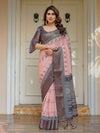 Blush Pink & Charcoal Grey Traditional Woven Saree with Antique Zari Border & Tassels – Festive Ethnic Wear