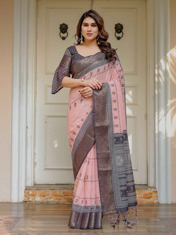 Blush Pink & Charcoal Grey Traditional Woven Saree with Antique Zari Border & Tassels – Festive Ethnic Wear