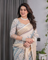 Ivory Beige Handloom Linen Saree with Teal Floral Buta & Paisley Border | Ethnic Printed Pallu & Zari Highlights | 5.5m Saree + 0.8m Blouse