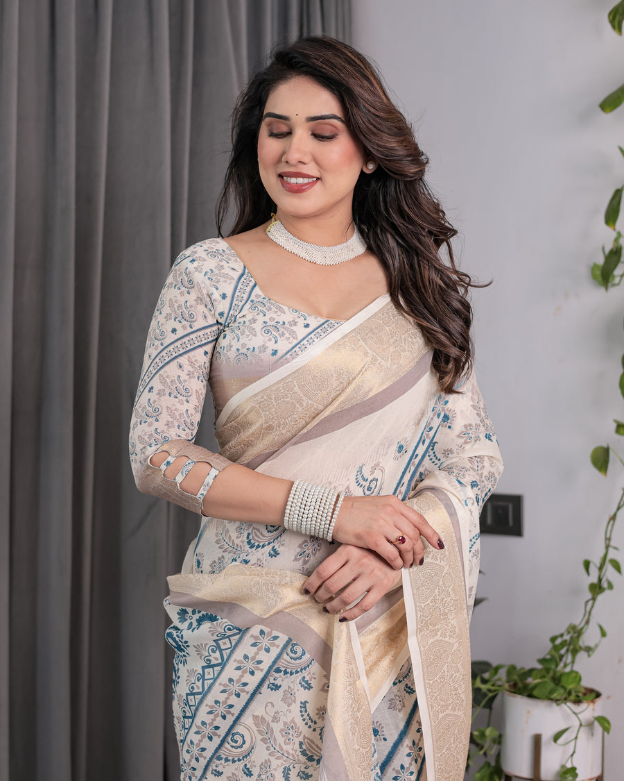 Ivory Beige Handloom Linen Saree with Teal Floral Buta & Paisley Border | Ethnic Printed Pallu & Zari Highlights | 5.5m Saree + 0.8m Blouse