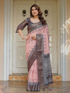 Blush Pink & Charcoal Grey Traditional Woven Saree with Antique Zari Border & Tassels – Festive Ethnic Wear