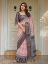 Blush Pink & Charcoal Grey Traditional Woven Saree with Antique Zari Border & Tassels – Festive Ethnic Wear