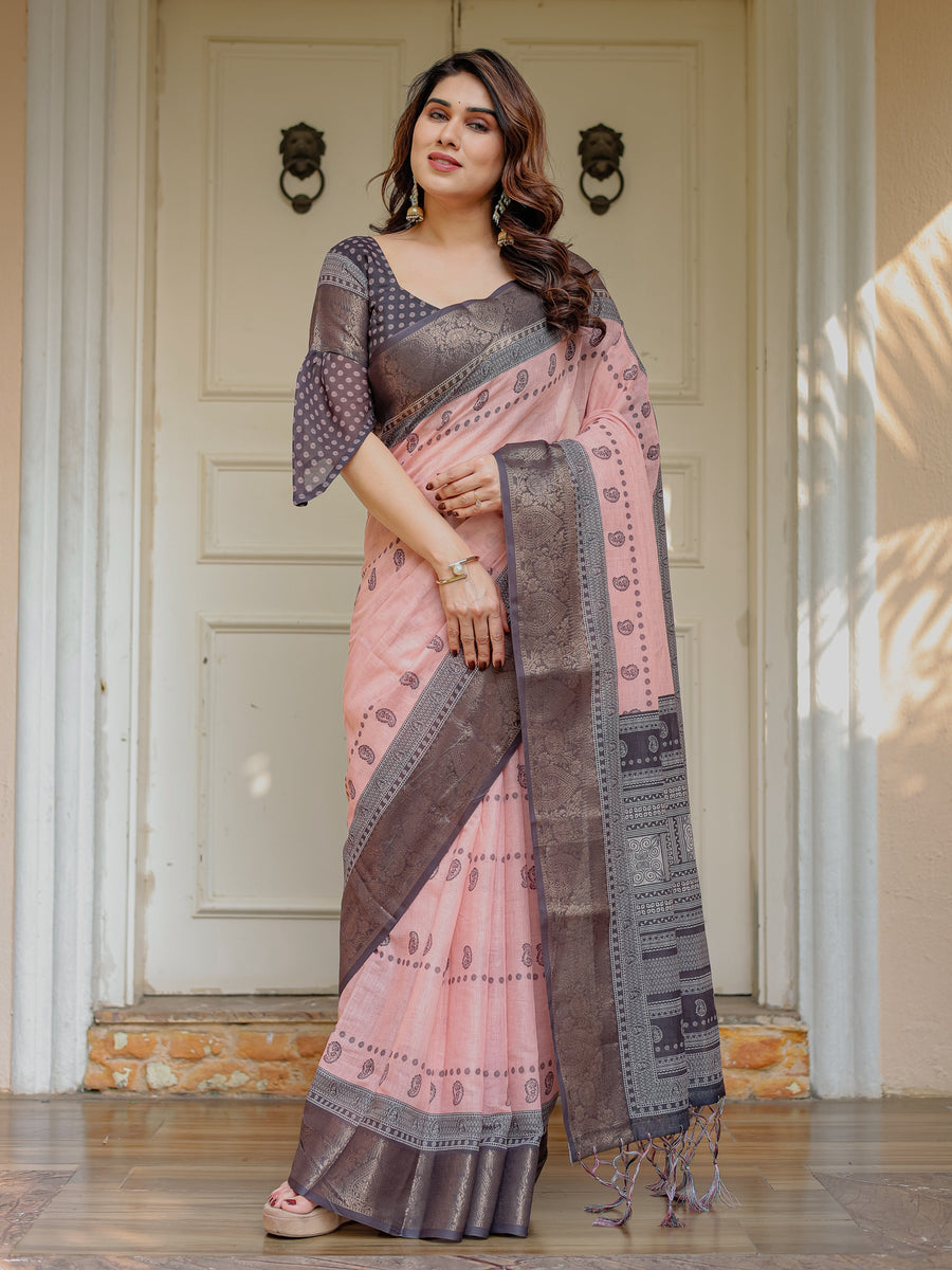 Blush Pink & Charcoal Grey Traditional Woven Saree with Antique Zari Border & Tassels – Festive Ethnic Wear