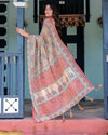 Rust Beige Handloom Cotton Saree with Vibrant Elephant Parade Print & Red Floral Pallu
