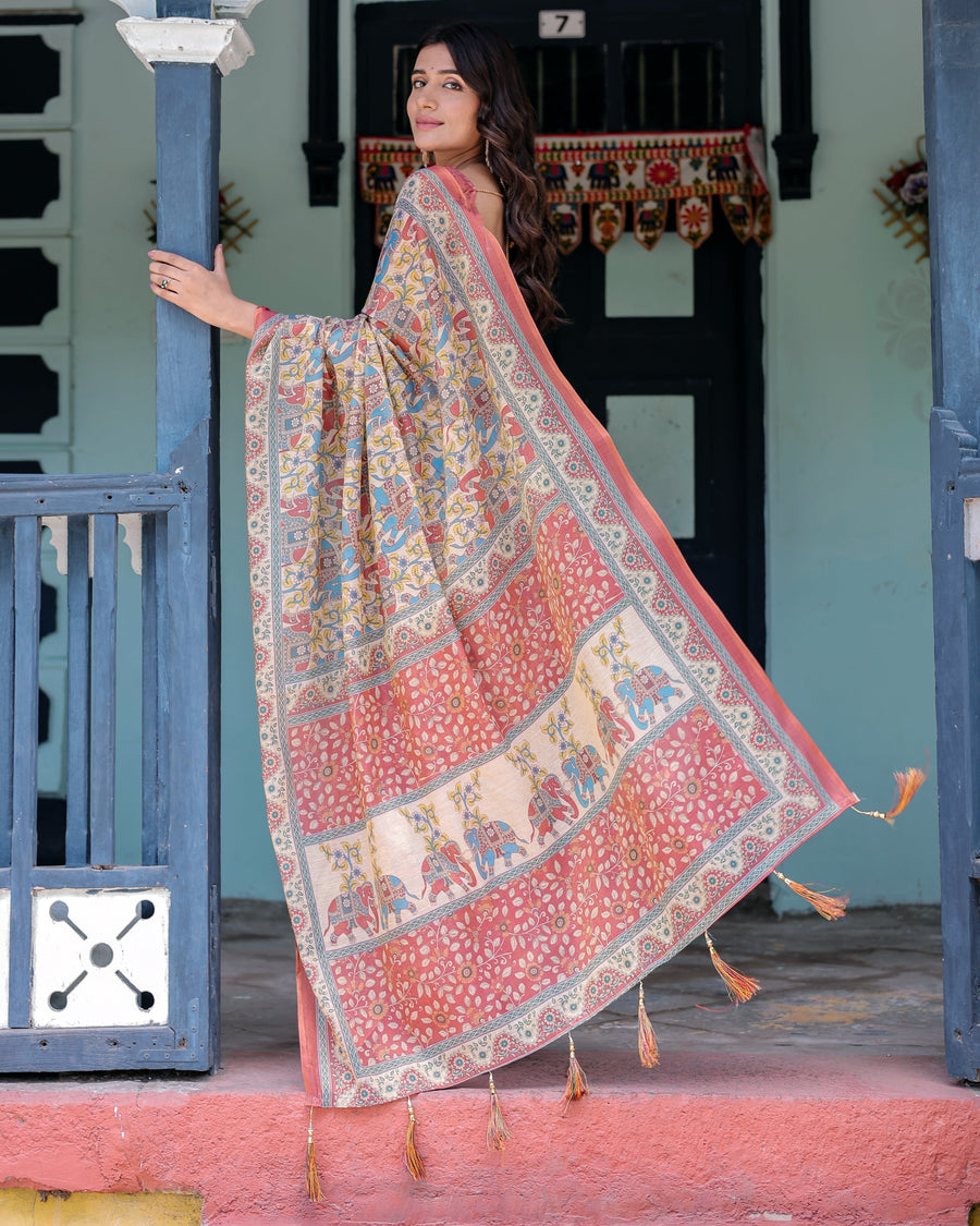 Rust Beige Handloom Cotton Saree with Vibrant Elephant Parade Print & Red Floral Pallu