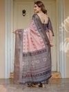 Blush Pink & Charcoal Grey Traditional Woven Saree with Antique Zari Border & Tassels – Festive Ethnic Wear