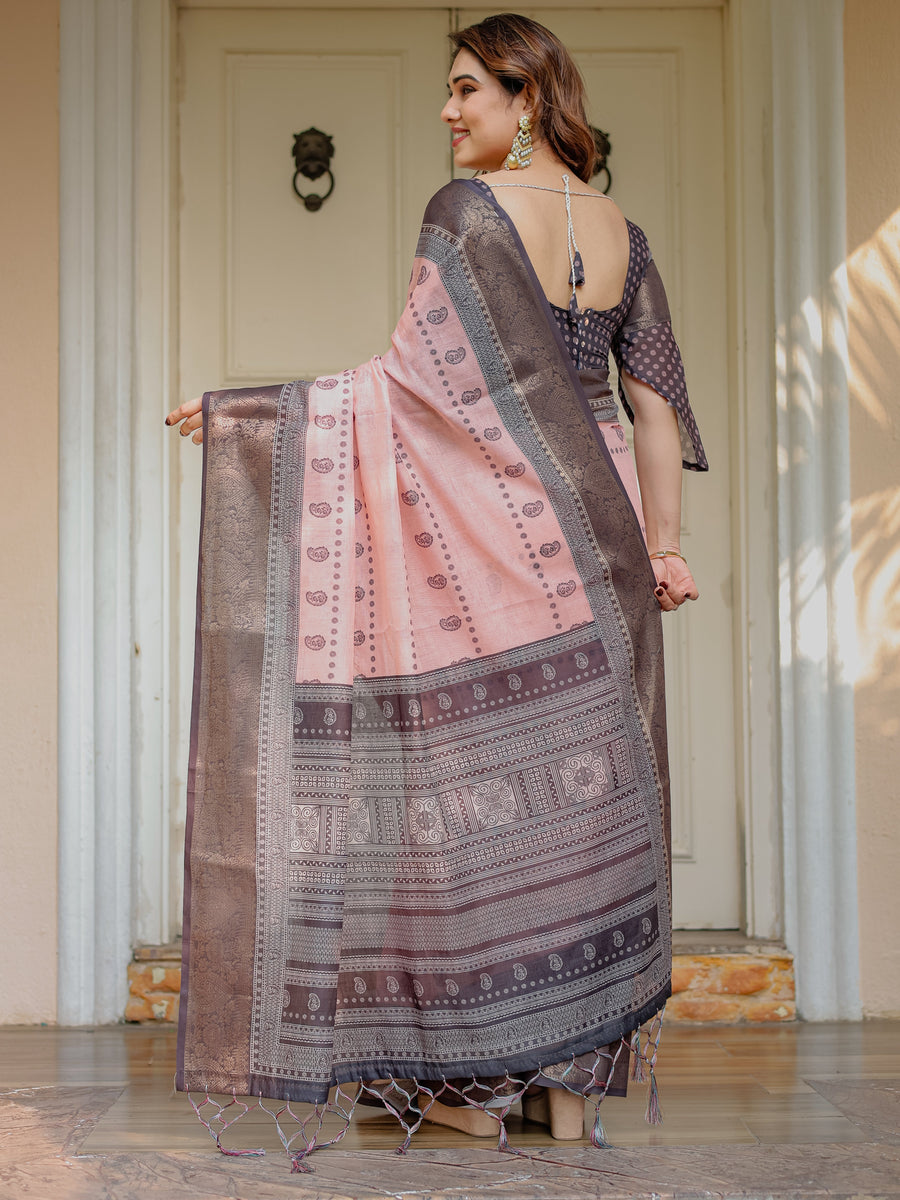 Blush Pink & Charcoal Grey Traditional Woven Saree with Antique Zari Border & Tassels – Festive Ethnic Wear