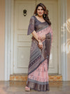 Blush Pink & Charcoal Grey Traditional Woven Saree with Antique Zari Border & Tassels – Festive Ethnic Wear