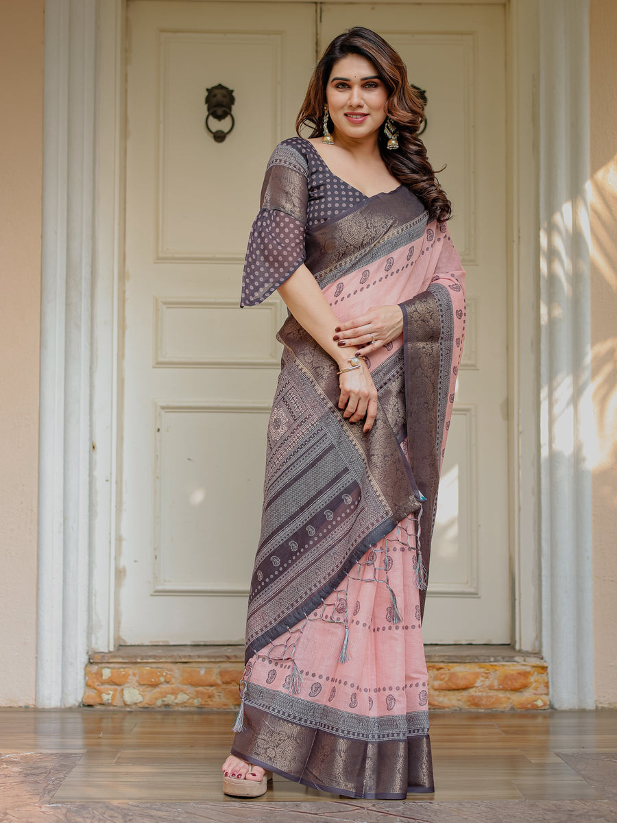 Blush Pink & Charcoal Grey Traditional Woven Saree with Antique Zari Border & Tassels – Festive Ethnic Wear