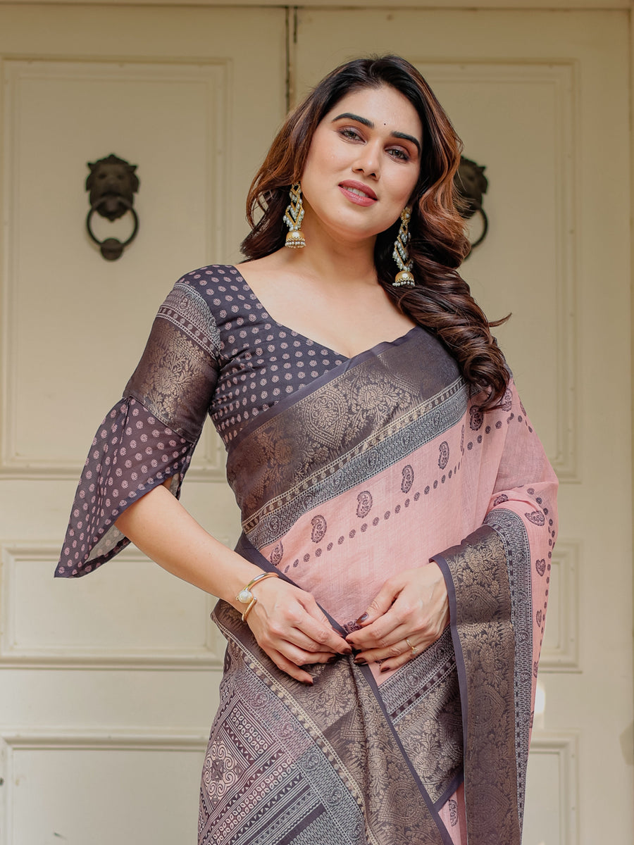 Blush Pink & Charcoal Grey Traditional Woven Saree with Antique Zari Border & Tassels – Festive Ethnic Wear