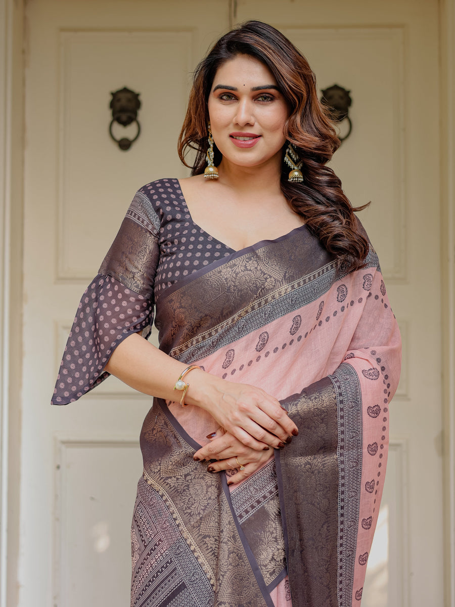 Blush Pink & Charcoal Grey Traditional Woven Saree with Antique Zari Border & Tassels – Festive Ethnic Wear