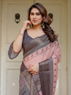 Blush Pink & Charcoal Grey Traditional Woven Saree with Antique Zari Border & Tassels – Festive Ethnic Wear