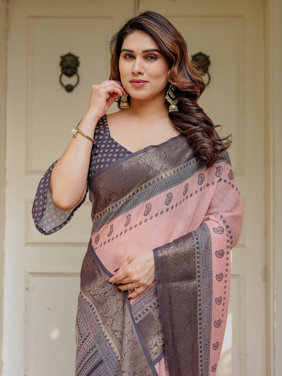 Blush Pink & Charcoal Grey Traditional Woven Saree with Antique Zari Border & Tassels – Festive Ethnic Wear