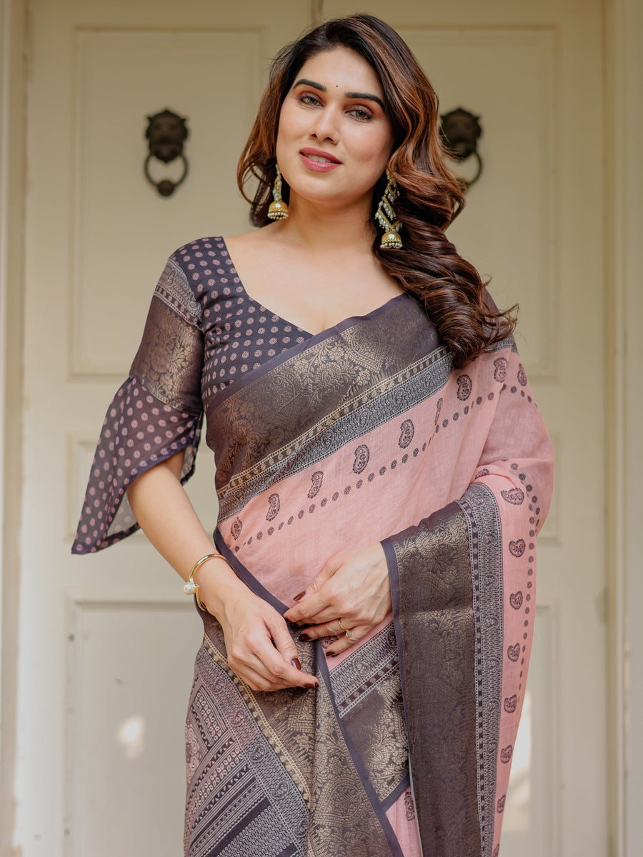 Blush Pink & Charcoal Grey Traditional Woven Saree with Antique Zari Border & Tassels – Festive Ethnic Wear