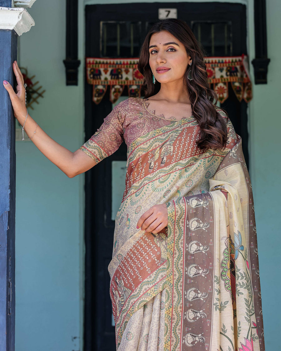 Ivory Brown Handloom Cotton Saree with Classical Dancer Motifs & Madhubani-Inspired Pallu