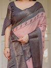 Blush Pink & Charcoal Grey Traditional Woven Saree with Antique Zari Border & Tassels – Festive Ethnic Wear