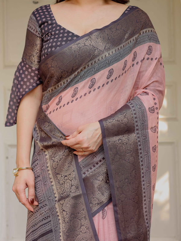 Blush Pink & Charcoal Grey Traditional Woven Saree with Antique Zari Border & Tassels – Festive Ethnic Wear