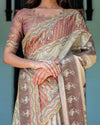 Ivory Brown Handloom Cotton Saree with Classical Dancer Motifs & Madhubani-Inspired Pallu