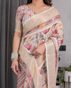 Cream Handloom Linen Saree with Multicolor Floral Print & Striped Pallu | Zari Border & Tassels | 5.5m Saree + 0.8m Blouse