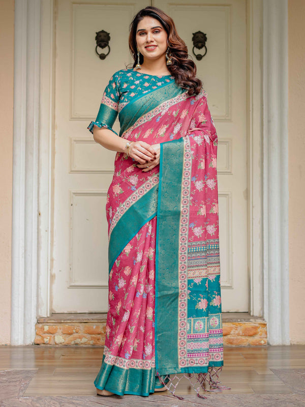 Rani Pink & Teal Green Floral Printed Saree with Rich Zari Border & Tassels – Festive Traditional Wear