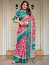 Rani Pink & Teal Green Floral Printed Saree with Rich Zari Border & Tassels – Festive Traditional Wear