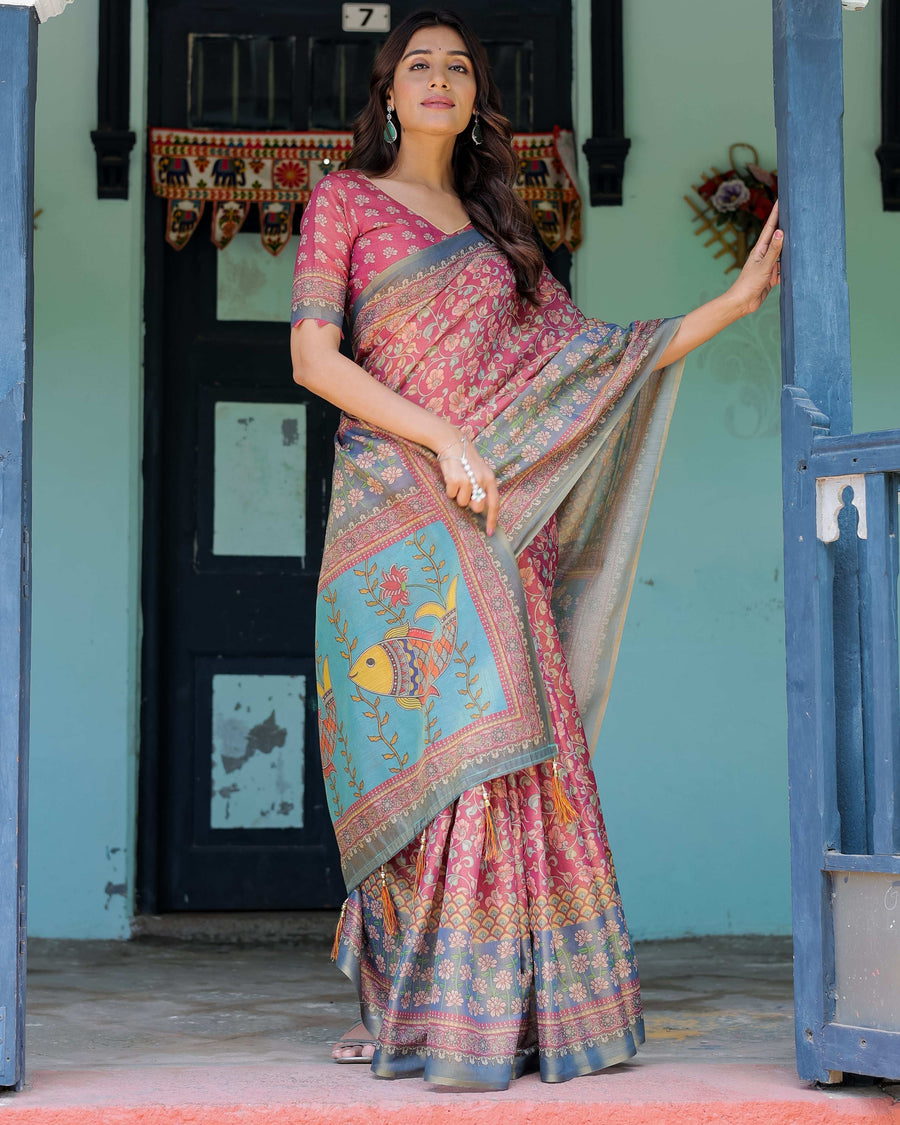 Rosewood Red Handloom Cotton Saree with Artistic Fish Pallu & Floral Vine Print