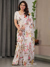 Ivory White Satin Georgette Floral Printed Saree with Multicolor Botanical Design & Attached Blouse – Soft Elegant Designer Drape