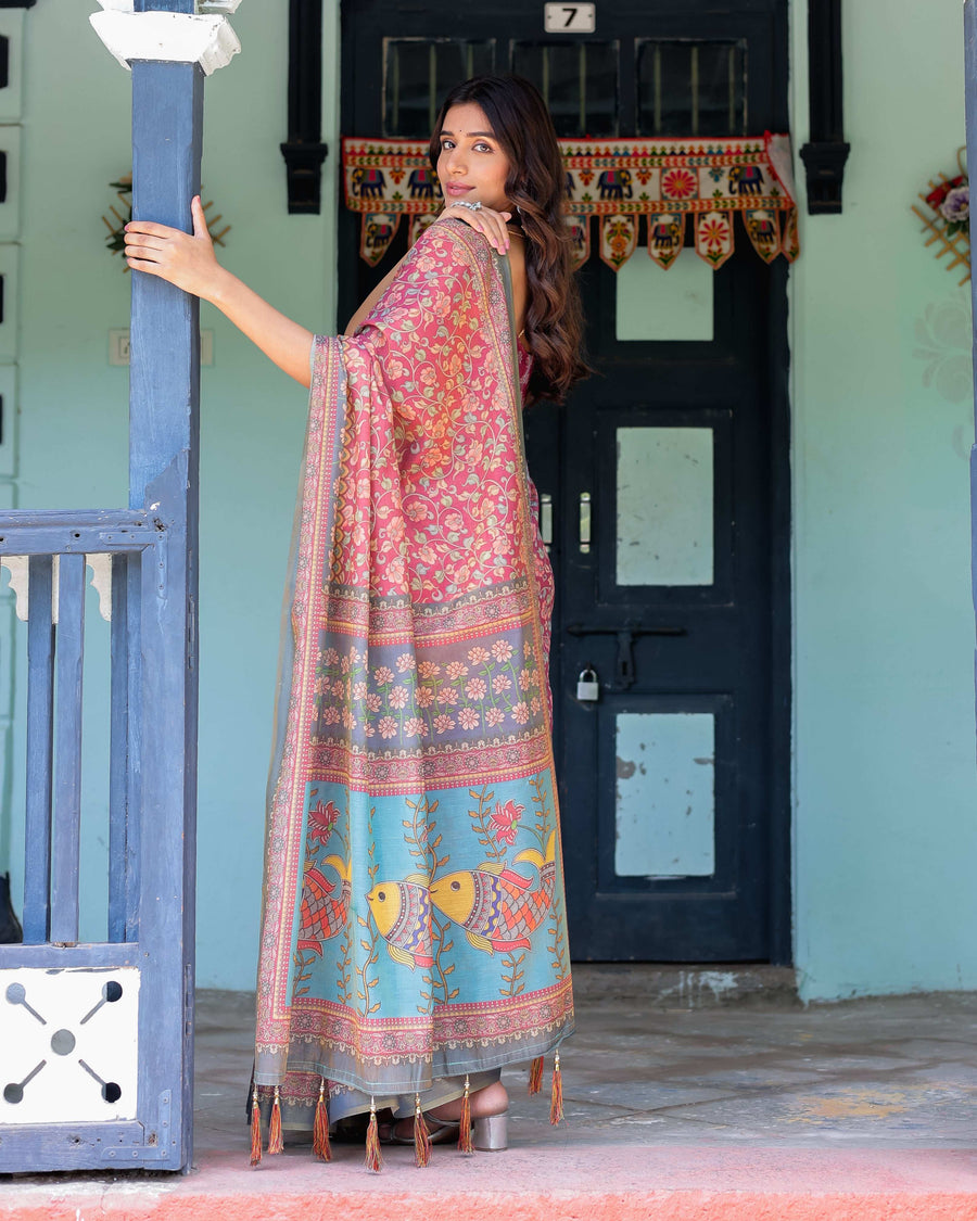 Rosewood Red Handloom Cotton Saree with Artistic Fish Pallu & Floral Vine Print