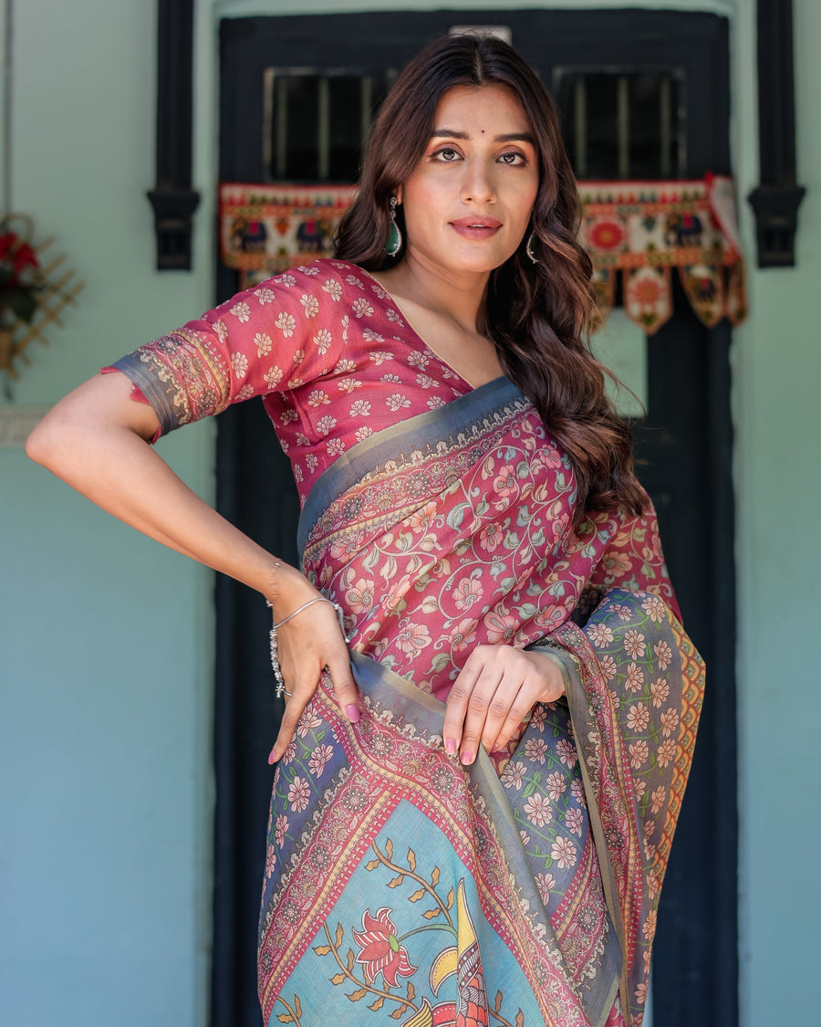 Rosewood Red Handloom Cotton Saree with Artistic Fish Pallu & Floral Vine Print