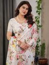 Ivory White Satin Georgette Floral Printed Saree with Multicolor Botanical Design & Attached Blouse – Soft Elegant Designer Drape