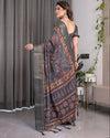 Charcoal Grey Digital Printed Saree with Maroon Floral & Tribal Border Motifs | Antique Zari Highlights | 5.5m Saree + 0.8m Blouse Piece