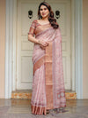 Dusty Peach & Copper Zari Woven Saree with Pastel Motifs & Tassels – Festive Traditional Wear