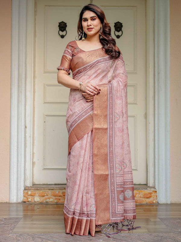 Dusty Peach & Copper Zari Woven Saree with Pastel Motifs & Tassels – Festive Traditional Wear