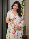 Ivory White Satin Georgette Floral Printed Saree with Multicolor Botanical Design & Attached Blouse – Soft Elegant Designer Drape