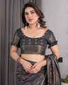 Charcoal Grey Digital Printed Saree with Maroon Floral & Tribal Border Motifs | Antique Zari Highlights | 5.5m Saree + 0.8m Blouse Piece