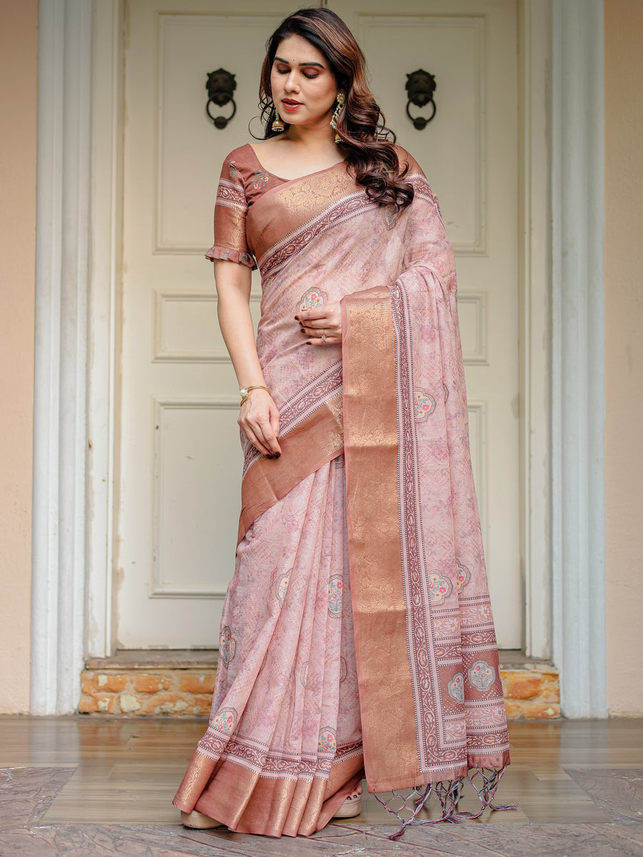 Dusty Peach & Copper Zari Woven Saree with Pastel Motifs & Tassels – Festive Traditional Wear
