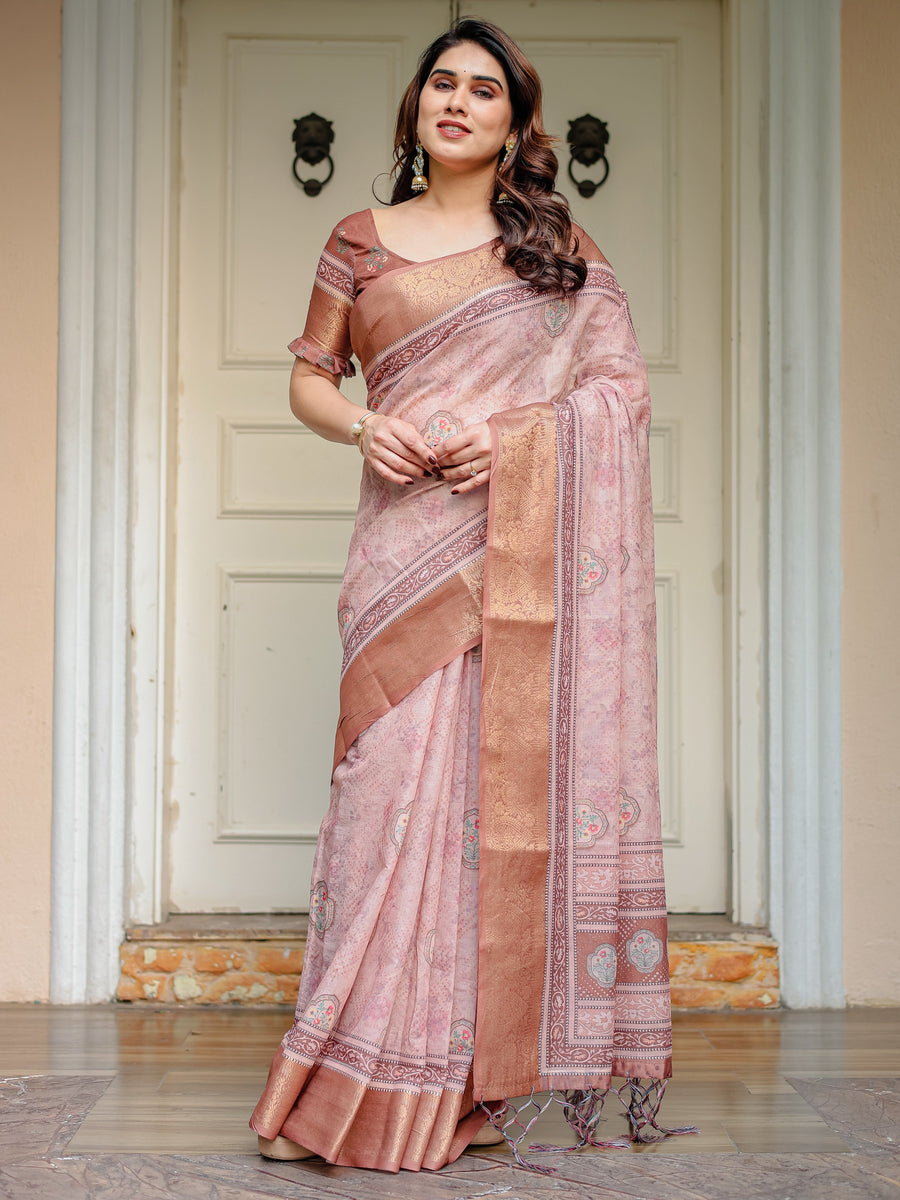 Dusty Peach & Copper Zari Woven Saree with Pastel Motifs & Tassels – Festive Traditional Wear