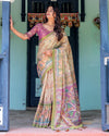 Ivory & Violet Handloom Cotton Saree with Royal Procession & Tree of Life Pallu