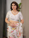 Ivory White Satin Georgette Floral Printed Saree with Multicolor Botanical Design & Attached Blouse – Soft Elegant Designer Drape