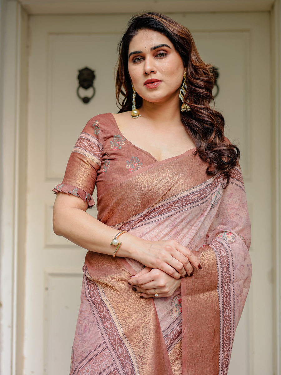 Dusty Peach & Copper Zari Woven Saree with Pastel Motifs & Tassels – Festive Traditional Wear