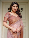 Dusty Peach & Copper Zari Woven Saree with Pastel Motifs & Tassels – Festive Traditional Wear