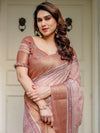 Dusty Peach & Copper Zari Woven Saree with Pastel Motifs & Tassels – Festive Traditional Wear