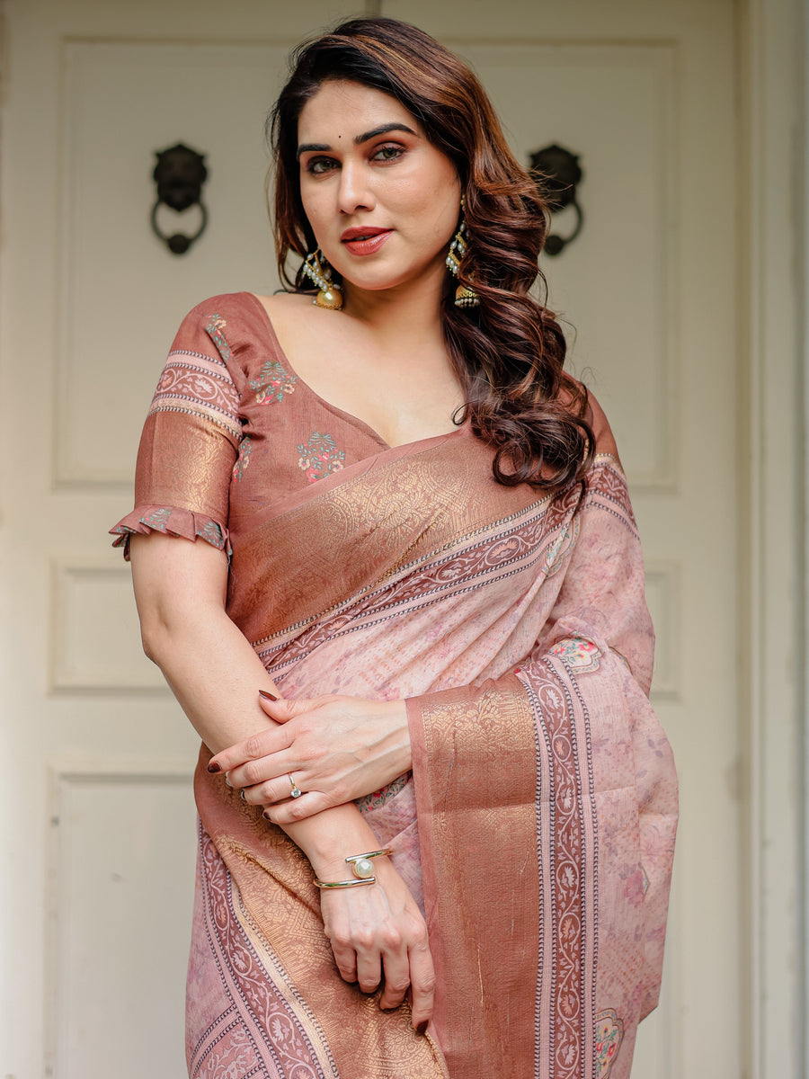 Dusty Peach & Copper Zari Woven Saree with Pastel Motifs & Tassels – Festive Traditional Wear