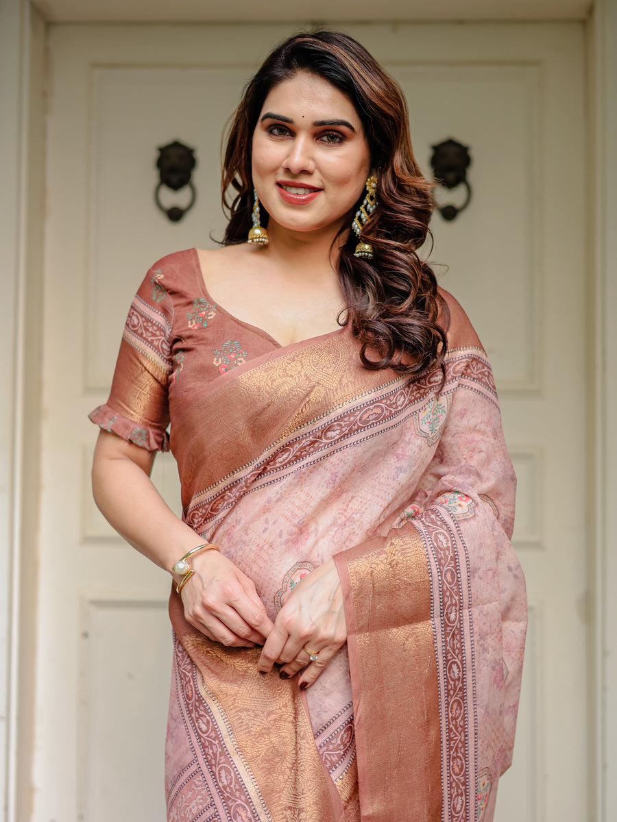 Dusty Peach & Copper Zari Woven Saree with Pastel Motifs & Tassels – Festive Traditional Wear