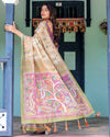 Ivory & Violet Handloom Cotton Saree with Royal Procession & Tree of Life Pallu