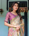 Ivory & Violet Handloom Cotton Saree with Royal Procession & Tree of Life Pallu